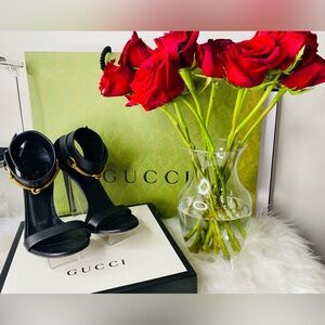 Gucci Black Heels with Gold Accents and Ankle Strap Authentic